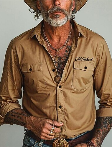  Men's Letter Western Shirt Cowboy Shirt Long Sleeve Vintage Western Style Tribal Outdoor Vacation Horse Race Spring & Summer Turndown Print Button-Down Khaki