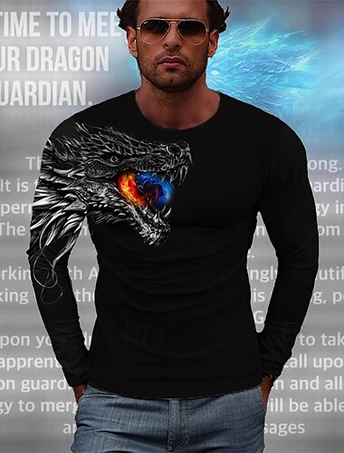  Herren Drache T Shirt Langarm T-Shirt 3D-Druck Rundhalsausschnitt Hemd Modisch Designer Brautkleider schlicht Sports Outdoor Festtage Ausgehen Braun Grau Frühling & Herbst Bekleidung S M L XL 2XL 3XL