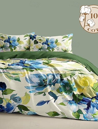  lt.home Bettbezug-Set aus 100 % Baumwollsatin, wendbar, Premium-Bettwäsche-Set mit Blumenmuster, Fadenzahl 300