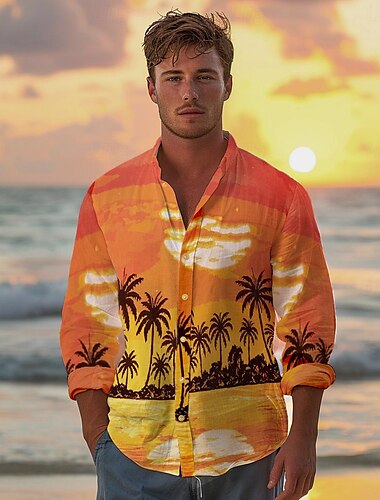  قمصان رجالية مطبوعة بشجرة جوز الهند، قميص منتجع هاواي، قميص بأزرار لأعلى، ملابس يومية للعطلات، الشاطئ، الربيع والصيف، طية صدر السترة، كم طويل، قميص قطني برتقالي