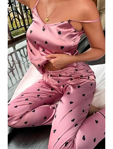  Mujer Pijamas Conjuntos Corazón Moda Confort Hogar Diario Cama Satén Transpirable Correas Sin Mangas Top de tirantes Pantalón Botón Bolsillo Verano Primavera Negro Rosa