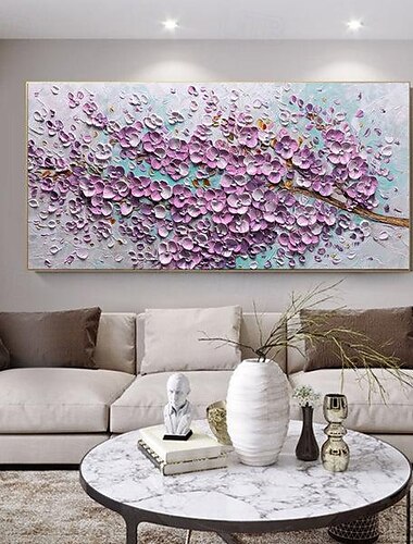  Ölgemälde mit blühenden Blumen, handgefertigte Landschaftskunst, minimalistisches weißes Kirschblüten-Ölgemälde auf Leinwand, handgemaltes 3D-Ölgemälde mit cremiger Textur, Wandkunst, individuelles