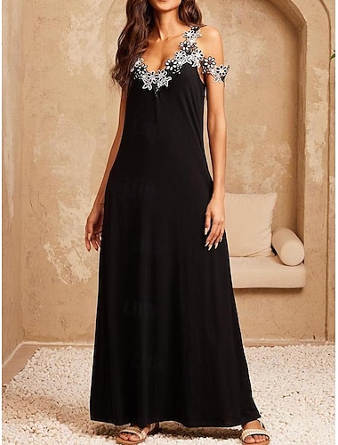  Γυναικεία Μαύρο φόρεμα Καθημερινό φόρεμα Φόρεμα σε γραμμή Α Μακρύ Φόρεμα Μάξι Φόρεμα Δαντέλα αντίθεσης Δαντέλα Καθημερινό Καθημερινά Διακοπές Τιράντες Αμάνικο Καλοκαίρι Άνοιξη Μαύρο Λευκό Φλοράλ Σκέτο