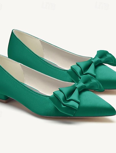  Dame bryllup sko Flate sko Fest Sløyfe Lav hæl Spisstå Elegant Sateng Svart Hvit Krystall