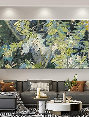  Pintura de bosque verde pintada a mano sobre lienzo, pintura texturizada abstracta 3d, arte de pared, vista al cielo, árboles, arte para sala de estar, pintura de paisaje natural