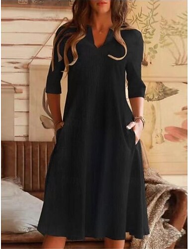  Dámské Midi šaty Úpletové šaty Bavlněné lněné šaty Volnočasové šaty Bavlněné letní šaty Základní Moderní Denní Víkend Volný Bez vzoru 3/4 délka rukávu Rozdělený krk Vodní modrá Černá Šedá Léto Jaro