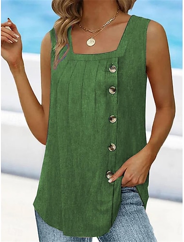  Damen Cami Tanktop Ärmellos Rundhals Asymmetrisch Knopfseite Einfarbig Lässig Sommer Top Reguläre Passform Anthrazitgrün