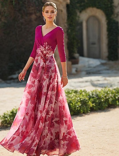  A-Linie-Kleid für die Brautmutter, Blumenkleid, formell, für Hochzeitsgäste, elegant, V-Ausschnitt, bodenlang, Chiffon, 3/4-Ärmel mit Blume, 2024