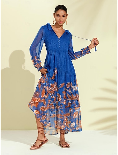 robe boho à manches bouffantes en mousseline de soie à fleurs tropicales