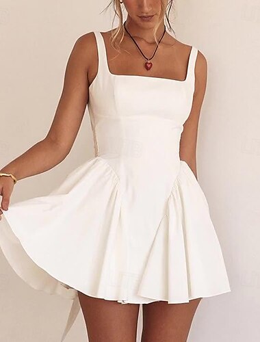  Vintage Anos 50 minivestido Vestidinho Branco Casamento Compressão abdominal Cor Sólida Linha A Decote Quadrado Mulheres Baile de Máscaras Casamento Chá de Cozinha Festa de Solteira Adulto Vestido