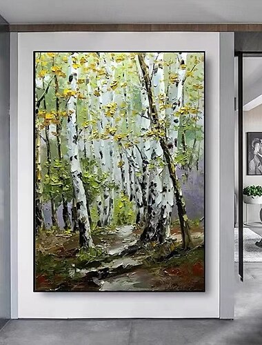  Pintado a mano, pintura abstracta grande de paisaje de abedul, pintura de bosque de abedules de primavera sobre lienzo, textura moderna, pintura de árbol verde, arte de pared para sala de estar sin