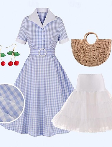  set met retro vintage jaren 1950 vintage jurk cocktailjurk swing jurk petticoat hoepelrok tutu onder rok kersen bungelende oorbellen oorclips handgeweven stro strandtas 4 stuks vrouwen gemaskerd feest