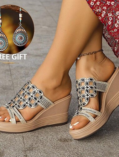  Damen Hausschuhe Slippers Hausschuhe im Freien Täglich Strass Keilabsatz Offene Spitze Brautkleider schlicht Kunstleder Halbschuhe Schwarz Blau Gold