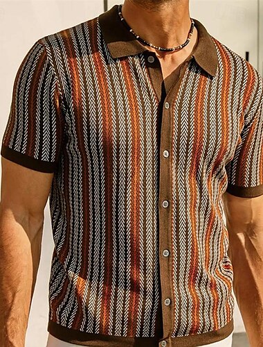  Per uomo Camicia da golf Golf polo da golf Ufficio Informale Bavero Manica corta Essenziale Moderno Color Block A strisce Collage Pulsante Primavera estate Standard Vinaccia Blu marino Verde Camicia