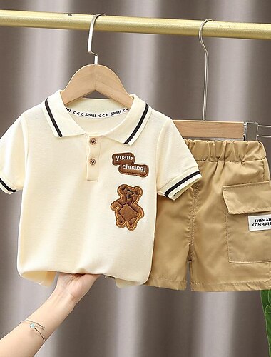  2 delar Småbarn Pojkar T-shirt och shorts Utrusta Ensfärgat Kortärmad Bomull Uppsättning Utomhus Mode Sommar Vår 1-3 år gammal glassset vit Yuanchuang Bear Set fickkamouflage gul