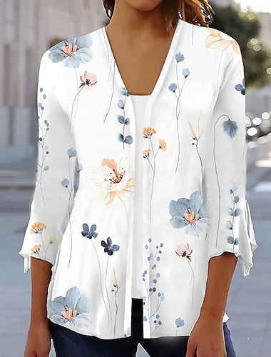  Dames Overhemd Blouse Bloemig Grafisch Afdrukken Casual Basic 3/4 mouw V-hals Wit