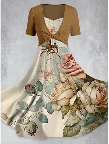  Damen Midikleid Sommerkleid Elegant Böhmen Urlaub Verabredung Lockere Passform Graphic Kurzarm V Ausschnitt Schwarz Gelb Rosa Braun Sommer