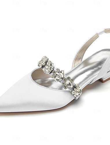  Witte slingback ballerina's met kristallen bandjes en spitse neus voor bruiden – elegante satijnen bruids- en bruidsmeisjesschoenen met lage hak