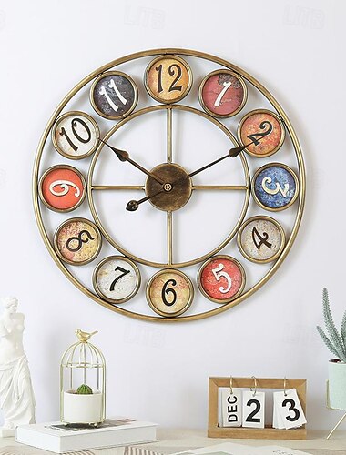  Reloj de pared, gran decoración vintage para sala de estar, hogar, oficina, retro, metal, granja, marco dorado rústico de 60 cm, silencioso, sin tictac