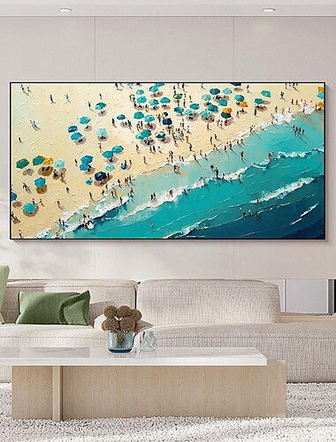  Großes Strand-Ölgemälde auf Leinwand, handgemaltes abstraktes blaues Meereslandschaftsgemälde, Texturgemälde, Wandkunst, individuelles Gemälde für Wohnzimmer, Schlafzimmer, Wanddekoration