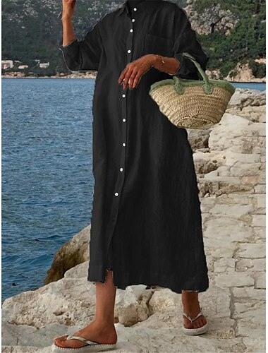  Damen Midikleid Weißes Kleid Baumwoll-Leinen-Kleider Hemdblusenkleid Freizeitkleid Basic Modern Täglich Wochenende Lässiger Schnitt Einfach Dreiviertelarm Hemdkragen Schwarz Weiß Rosa Marineblau