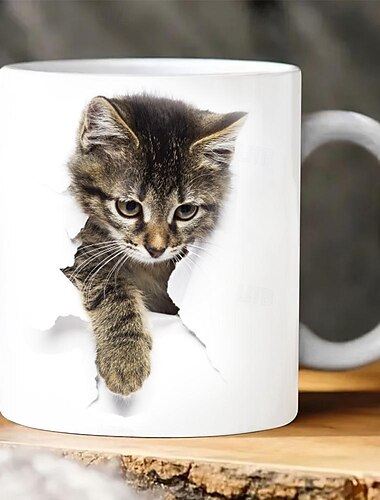  Tasse mit 3D-Druck, Kätzchen, Loch in einer Wand, Keramik-Kaffeetasse mit Katzenmotiv, 3D-Neuheits-Katzenbecher, Katzenliebhaber-Kaffeetasse, Katzenclub-Tasse, weiße Keramiktasse, Geschenke für Männer und Frauen