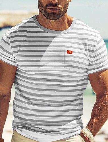 Herren T Shirt T-Shirt Kurze Ärmel Rundhalsausschnitt Sommer Gestreift Mode Designer Basic Fronttasche Urlaub Straße Ausgehen Schwarz Rote Marineblau Top T-Shirt für Herren