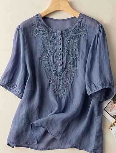  Women's Cotton Linen Shirts Long Cotton Top White Cotton Top White Cotton Blouse White Yellow Blue Floral Embroidered Buttons Street Daily Fashion Round Neck Regular Fit M