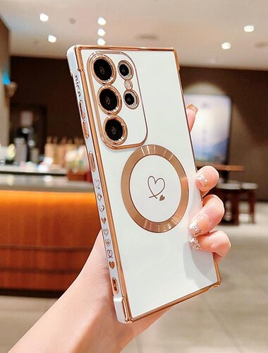  telefone Capinha Para Samsung Galaxy S25 S24 S23 S23 FE S22 S21 Ultra Plus Capa traseira Suporte para carregamento sem fio Antichoque Coração TPU Galvanização