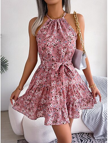  Damen Minikleid Casual kleid Schaukelkleid Sommerkleid Strassenmode Urlaub Festtage Strand Regular Fit Blumen Ärmellos Halfterhals Rosa Blau Purpur Sommer