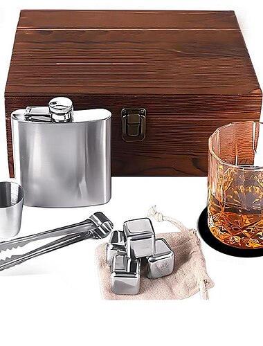  Weinset Eiswein Stein Holzkiste Set Edelstahl kleiner Weintopf Whisky klassische Tasse Geschenkbox Set