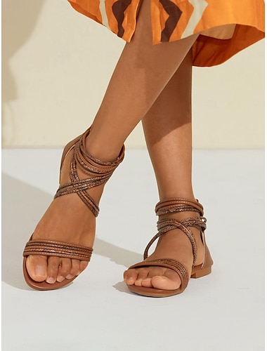  نسائي صنادل أحذية رومانية كعب مسطخ اصبع القدم المفتوح كاجوال PU سستة بني