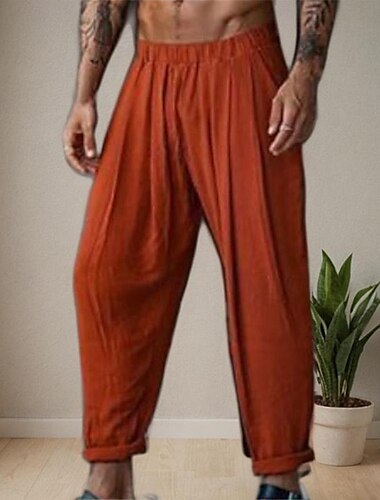  Herren Leinenhose Hose Hosen Sommerhosen Elastische Taille Gerade geschnitten Feste Farbe Komfort Atmungsaktiv In voller Länge Yoga Festtage Modisch Strassenmode Blau Orange Unelastisch