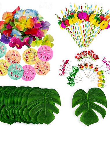 114 stücke/184 stücke hawaiianische festival party schildkröte zurück blatt hibiskus blume papier stroh regenschirm 24 kuchen sticks kombination paket