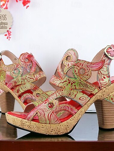  Dames Hoge hakken Sandalen Handgemaakte schoenen Vintage schoenen Feest Dagelijks Strand Bloemig Kegelhak Fantasie hiel Elegant Bohemen Vintage Leer Gesp Rood Blauw Bruin