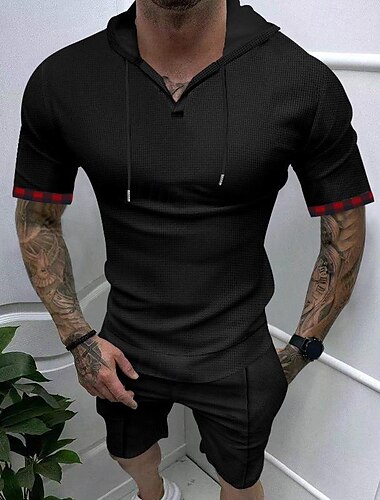  Herren T Shirt T-Shirt Anzüge T-Shirt Kurzarm Mit Kapuze Frühling & Sommer Einfach Mode Designer Basic 2 teilig Urlaub Straße Ausgehen Schwarz Weiß Königliches Blau Top T-Shirt für Herren