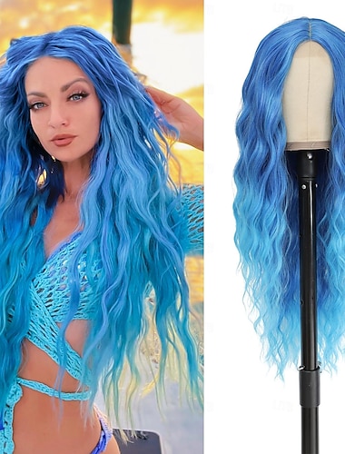  Perucas de halloween cosplay peruca longa azul 28 polegadas parte do meio peruca sintética realista presentes de halloween perucas de festa para mulheres uso diário perucas coloridas azul
