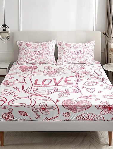  liefde hart patroon hoeslaken set 100% katoen ultrazachte ademende zijdeachtige lakens diepe zak beddengoed lakens 3-delige koningin kingsize