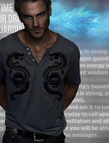  ドラゴンガーディアン×ルー |メンズ ドラゴン ロング 神話上の生き物 ダーク スタイル ヘンリー T シャツ 半袖