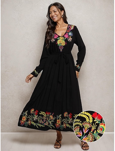  Vestido negro de mujer floral vintage bordado cuello en v maxi vestido bohemio vatcation una línea manga larga ajuste suelto verano primavera