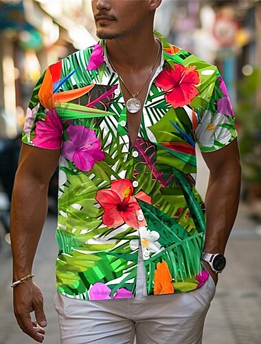  Férfi Virágos Trópusi virágok Ing Hawaii ing Aloha ing Rövid ujjú Ing Térfogatcsökkenés Szabadság Hawaii Szabadtéri Vakáció Hawaii Kék Bíbor S M L