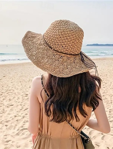 1 sombrero de paja plegable hecho a mano para mujer con malla transpirable de ala grande para máxima protección solar y comodidad en vacaciones
