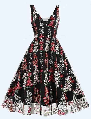  Ретро 1950-е года Рокабилли Платья Платье A-Line Качели Платье Цветы Маскарадный костюм Жен. Хэллоуин Карнавал Маскарад На каждый день Девичник Взрослые Платье Платья для выпускного вечера