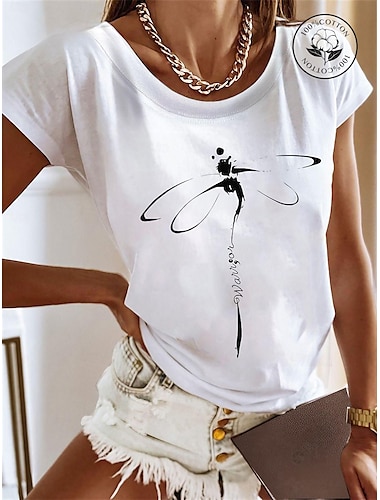  女性用 Tシャツ コットン１００％ グラフィック プリント 日常 週末 ベーシック 半袖 ラウンドネック ブラック