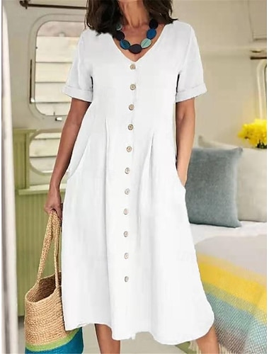  Γυναικεία Λευκό φόρεμα Φόρεμα πουκαμίσα Φόρεμα από βαμβακερό λινό Μίντι φόρεμα Κουμπί Τσέπη Βασικό Καθημερινά Λαιμόκοψη V Κοντομάνικο Καλοκαίρι Άνοιξη Πράσινο παραλλαγής Μαύρο Σκέτο