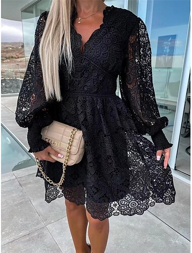  Damen Weißes Kleid Minikleid Spitze mit Hülse Verabredung Urlaub Elegant A-Linie V Ausschnitt Langarm Schwarz Weiß Fuchsie Farbe