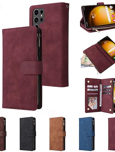  telefone Capinha Para Samsung Galaxy S26 Ultra Plus S25 S24 S23 S22 S23 FE S21 Ultra Plus S20 A14 A34 Capa para Cartão Wallet Zíper com pulseira Pata de Apoio Retro TPU Couro PU