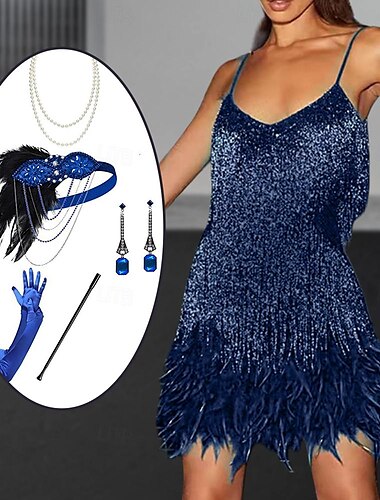  Anni Ruggenti Anni 1920 Abito Flapper Vestito Fascia Flapper Il grande Gatsby Invitato al matrimonio Frangia con nappe Piuma Nappa Piume Per donna Halloween Mascherata Matrimonio Ospite di nozze