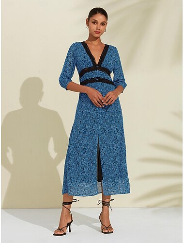  Жен. Платье A-силуэта Цветочное платье Платье с принтом Платье средней длины Синий Рукава до локтя Цветок / Растения Цветочный стиль С принтом Длиные Весна лето V-образный вырез V-образный Милая