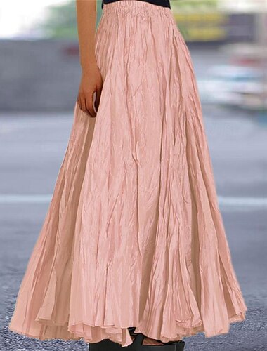  تنورة نسائية طويلة بخصر مطاطي وقصة A ومطويات باللون الكريمي وخفيفة الوزن كاجوال للربيع والصيف متعددة الاستخدامات وفضفاضة